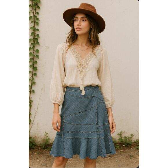 Vintage Y2K DKNY Jeans Denim A Line Patchwork Flowy Skirt L (10?) Retro Flare - Picture 7 of 12